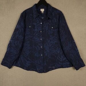 Chicos Shirt Womens 3 US XL Blue Floral Sheer Long Sleeve Button Up Linen Blend
